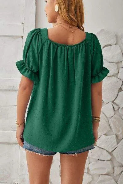 Swiss Dot Smocked Square Neck Short Sleeve T-Shirt Women's T-Shirts - Tophatter Daily Deals